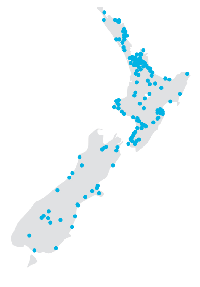 Map of New Zealand with most of New Zealand's main cities and towns marked.